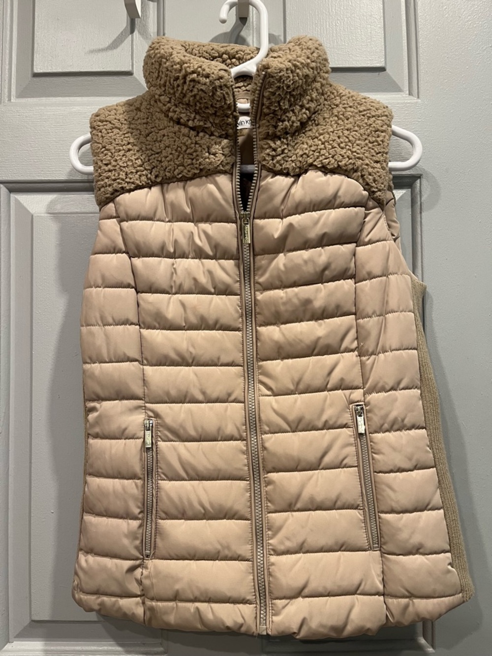 Calvin Klein Taupe Quilted Vest with Sherpa Yoke